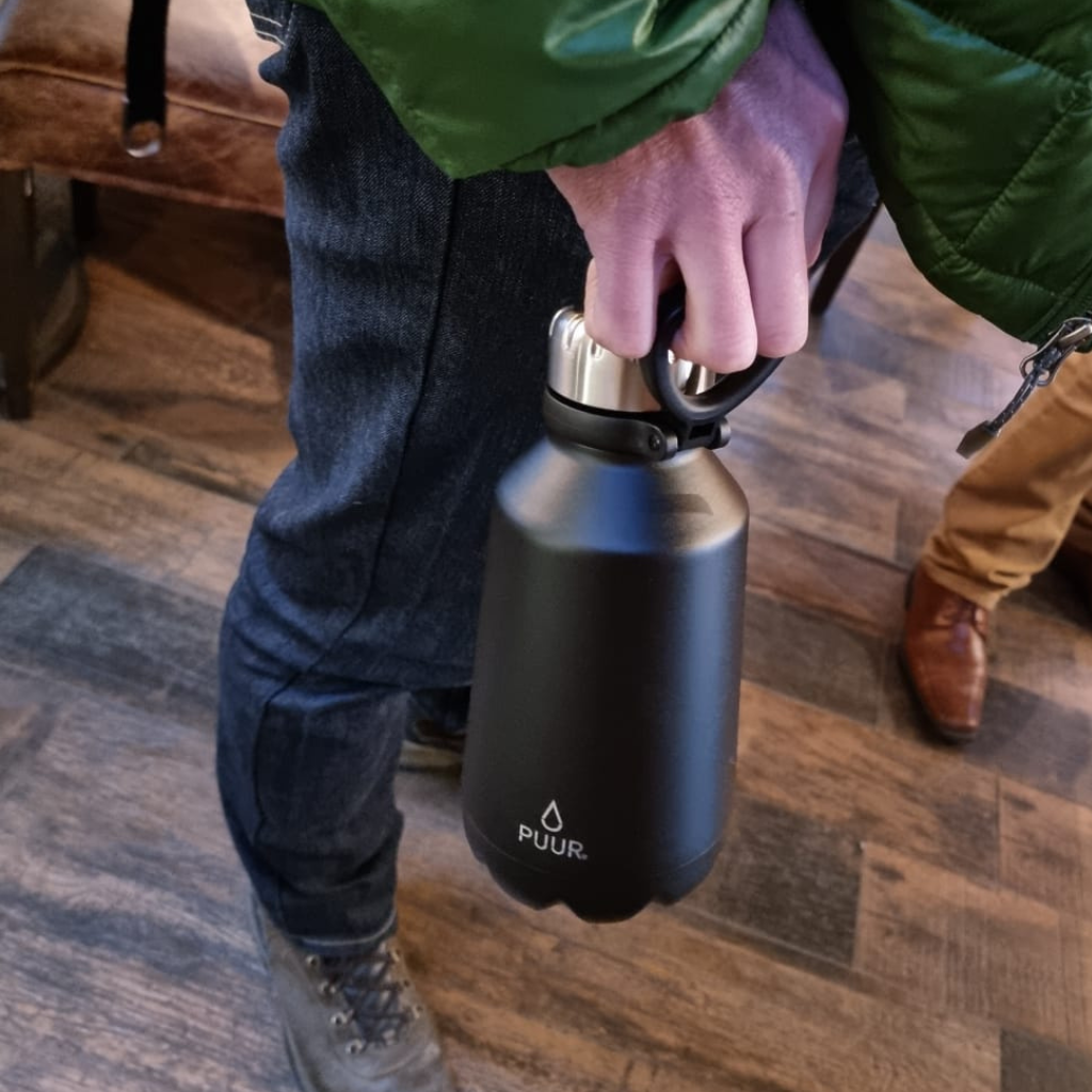 BOTELLA DE ACERO INOXIDABLE NEGRO ONYX CON GANCHO Y BOCA ANCHA MARCA PUUR