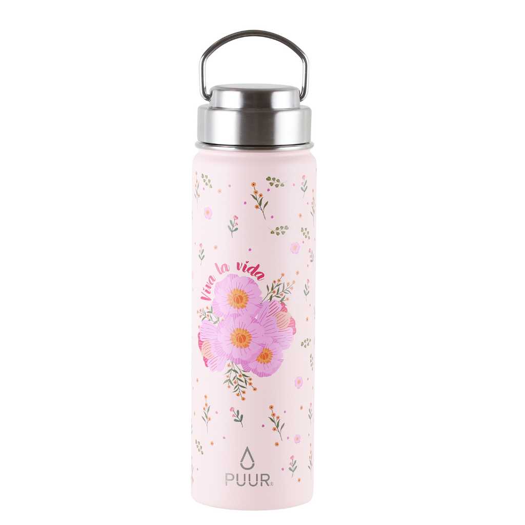 Botella termica puur activa con flores 660ml en fondo blanco