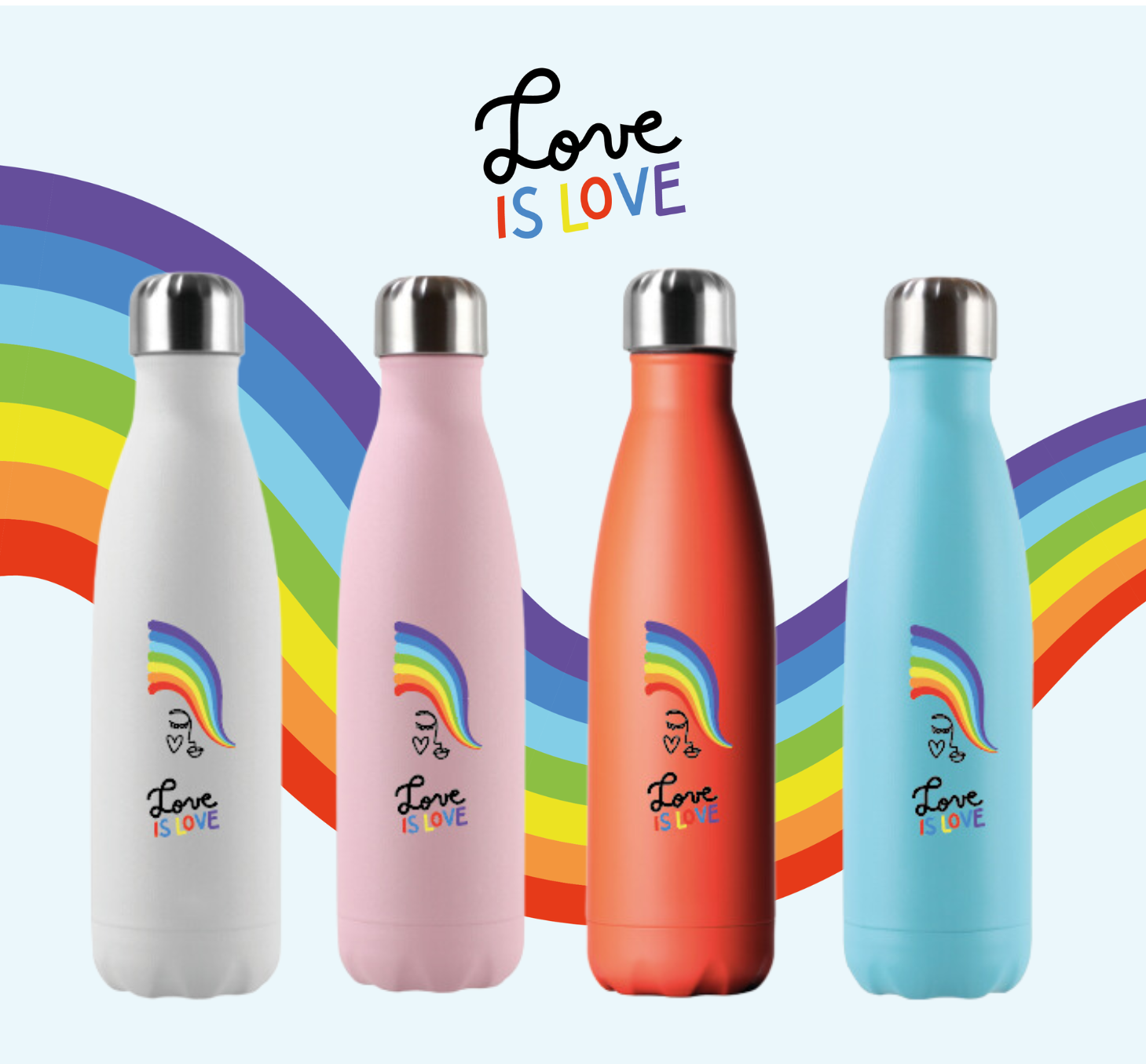 Botella térmicas color blanco, rosado, naranja y celeste, orgullo lgbt, pride
