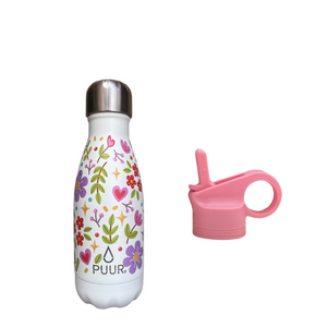 Pack Botella Térmica Floral 260 ml + tapa con bombilla rosada