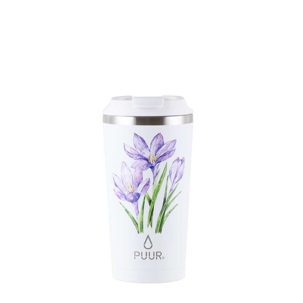 Vaso termico Puur 470ml con diseño de flores en fondo blanca