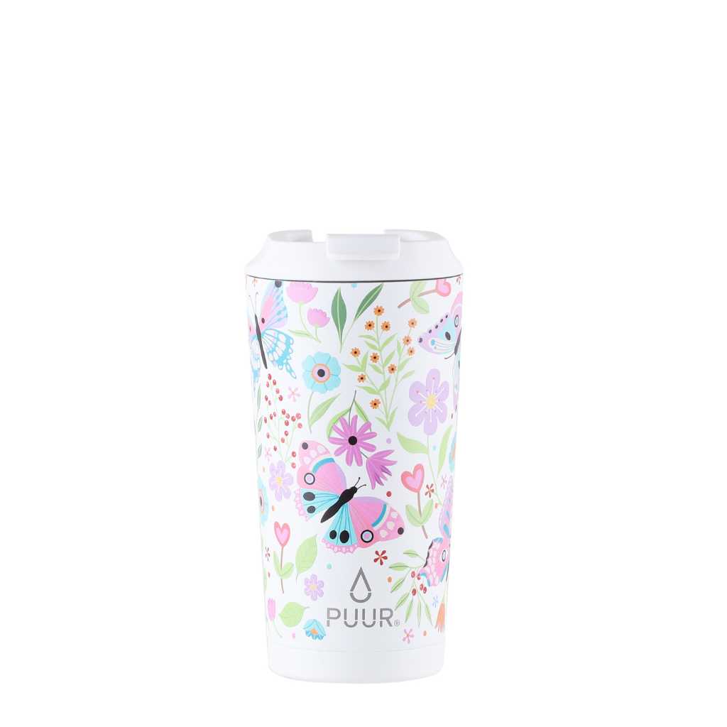 Vaso termico Puur 470ml con diseño de flores y mariposas en fondo blanco