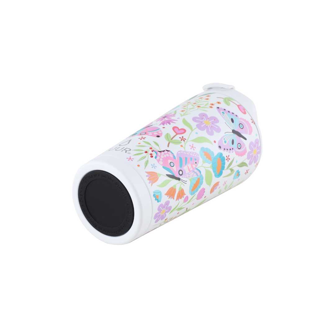 Vaso termico Puur 470ml con diseño de flores y mariposas en fondo blanco