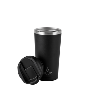 Vaso termico y hermetico marca Puur 470ml de capacidad, acero inoxidable, mostrando la tapa