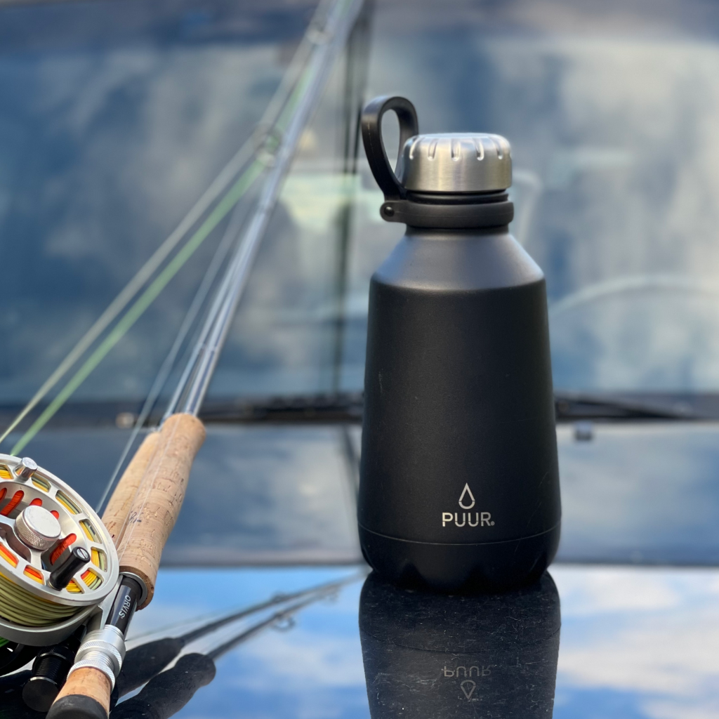 BOTELLA DE ACERO INOXIDABLE NEGRO ONYX CON GANCHO Y BOCA ANCHA MARCA PUUR