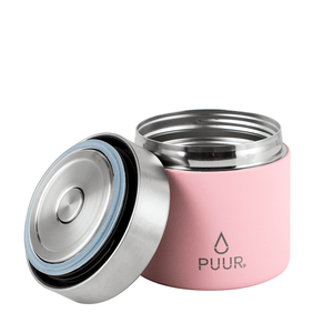 Termo comida marca Puur color rosado  50ml de capacidad, acero inoxidable mostrando la tapa por dentro