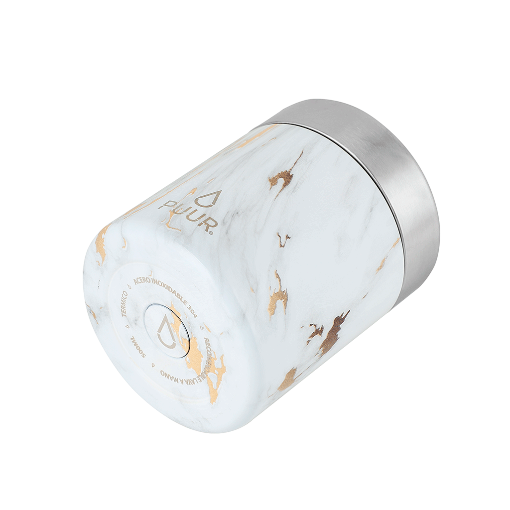 Termo comida marca Puur de acero inoxidable capacidad 500 ml color blanco marmoleado de lado 