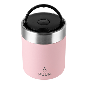 termo de comida marca puur 500ml rosado con asa para llevar comodamente