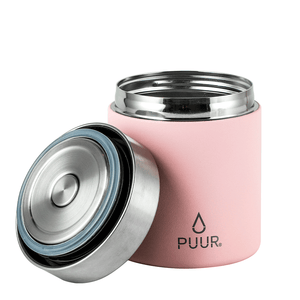 termo de comida marca puur rosado 500 ml acero inoxidable abierto mostrando como es la tapa